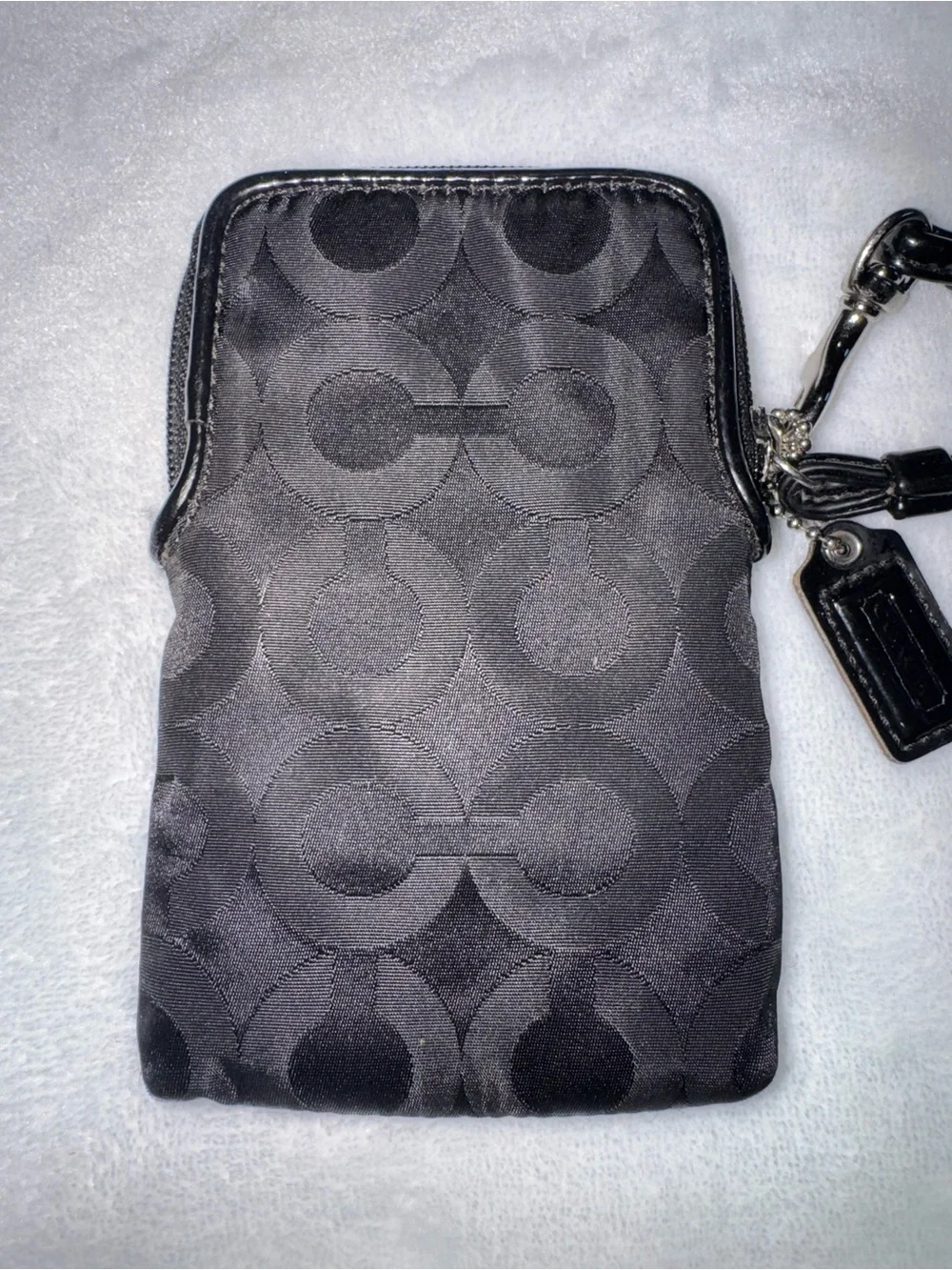Coach Black Signature Jacquard Wristlet Pouch with Silver Emblem
